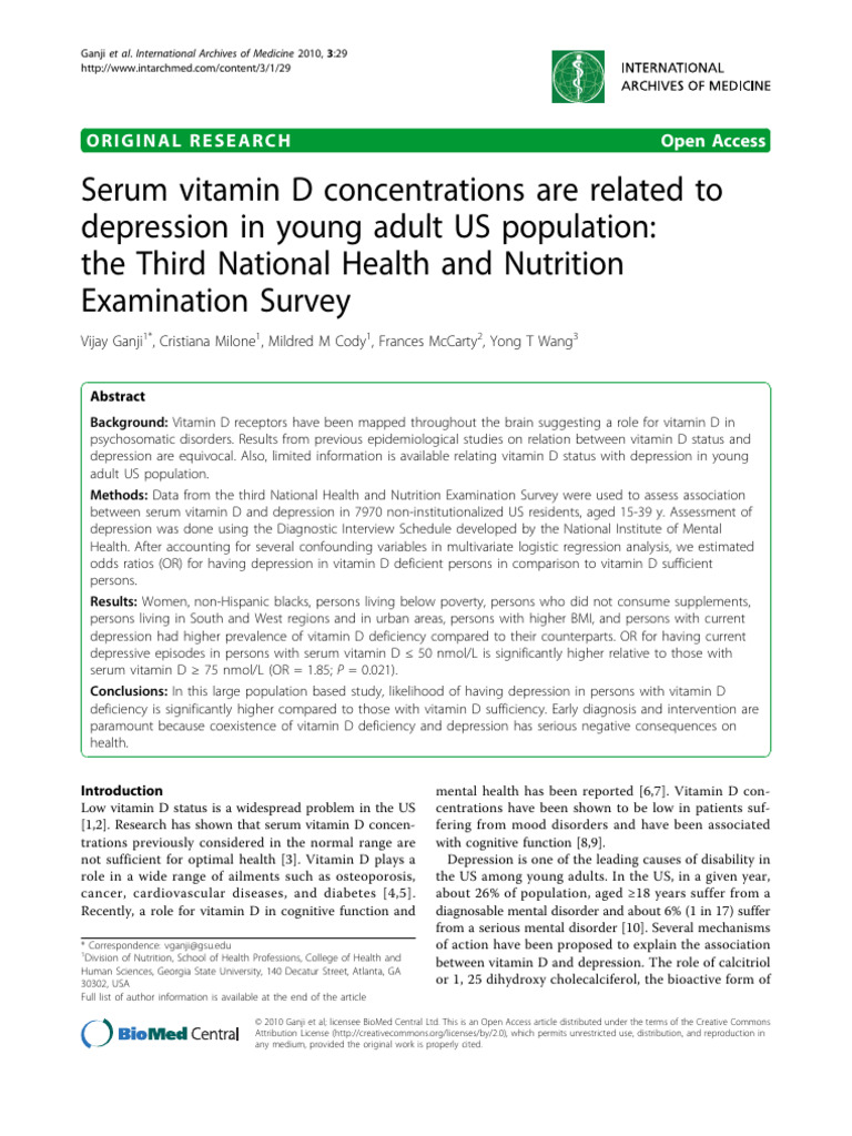 Serum Vitamin D Concentrations Are Related Depression in Young Adult