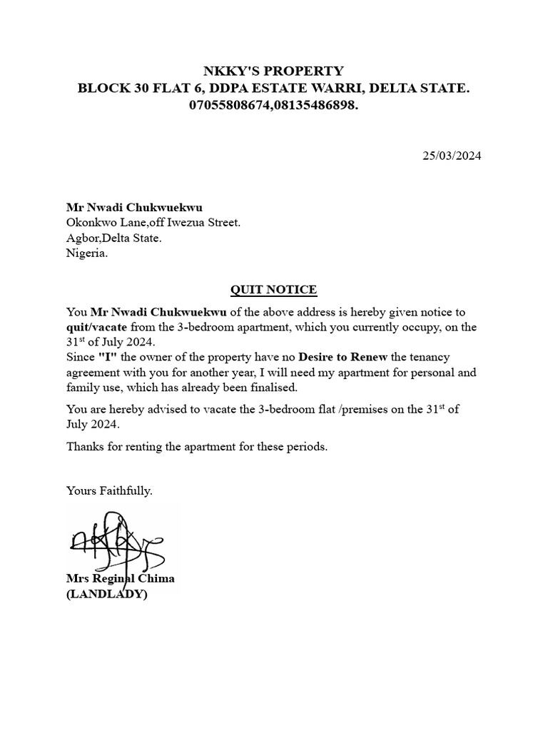 7-Day Quit Notice to Tenant in Nigeria | PDF