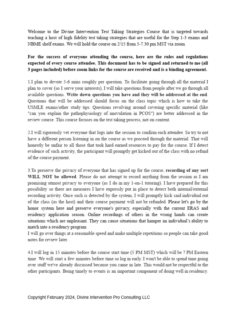 Test Taking Strategies Class Enrollment Contract | PDF | Fee