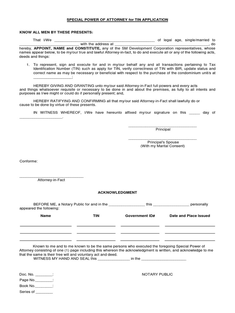Spa for tin application 1 pdf power of attorney private law