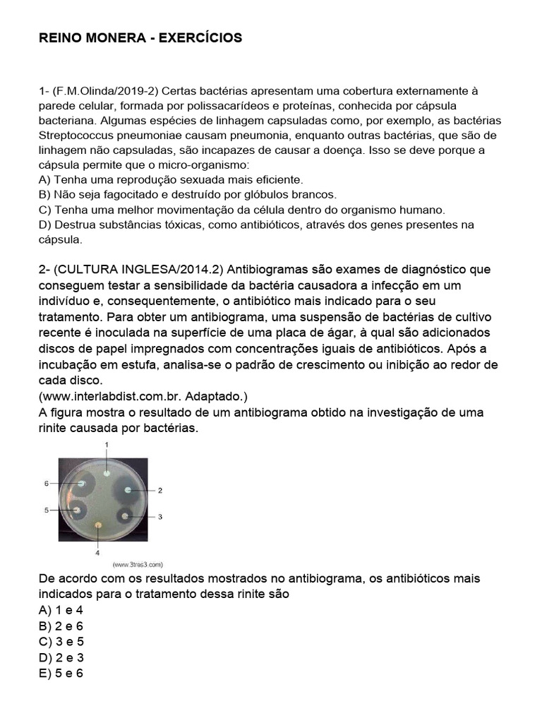 Exercícios sobre Reino Monera | PDF | Bactérias | Procarionte