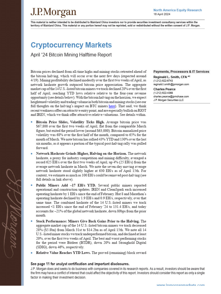 JPMorgan CryptocurrencyMarketsApril 24BitcoinMiningHalftimeReport | PDF |  Bitcoin | Mining