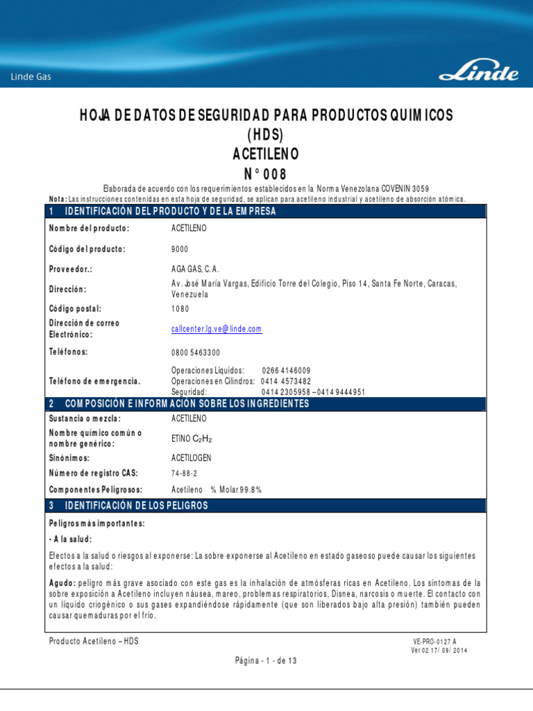 HDS 008 Acetileno Ver 02312 - 400051 | PDF | Mercancías peligrosas | Cobre