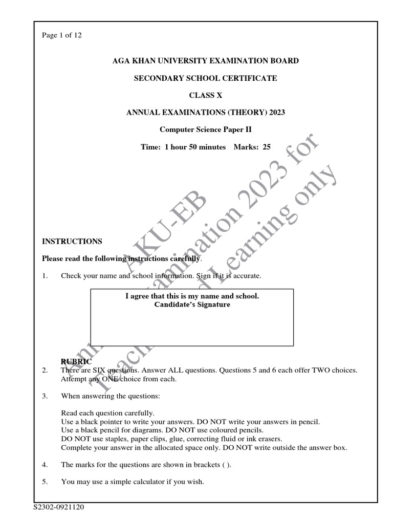 Annual Examination Paper 2 2023 of Akueb Class x Computer Science PDF