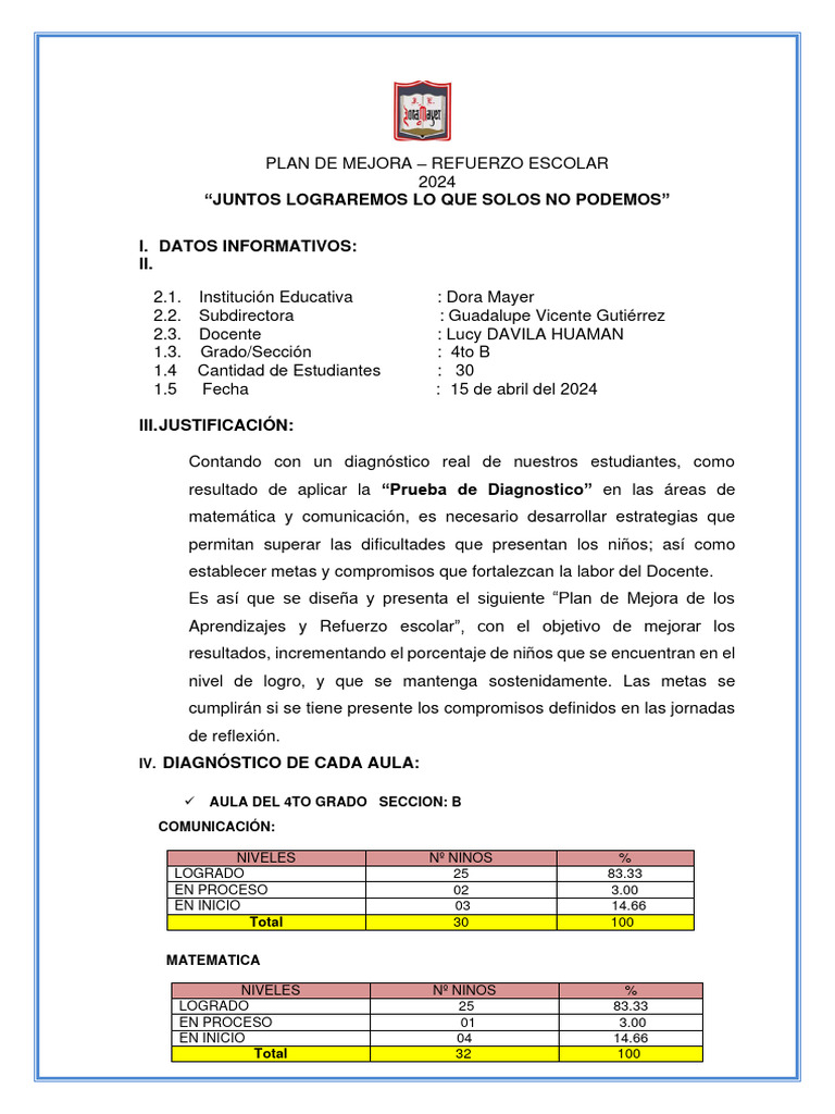 Plan de Mejora para Refuerzo Escolar 2024 | PDF | Multiplicación ...