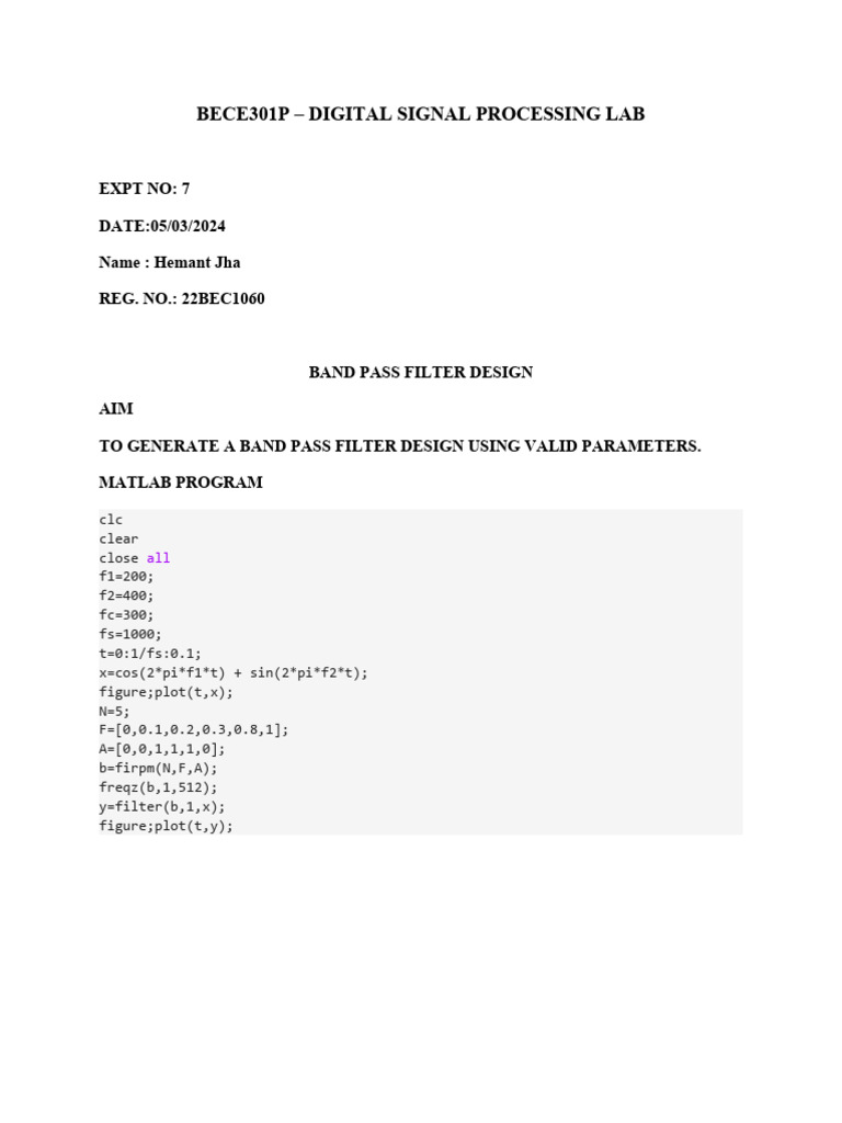 DSP Lab: Band Pass Filter Design | PDF | Teaching Methods & Materials