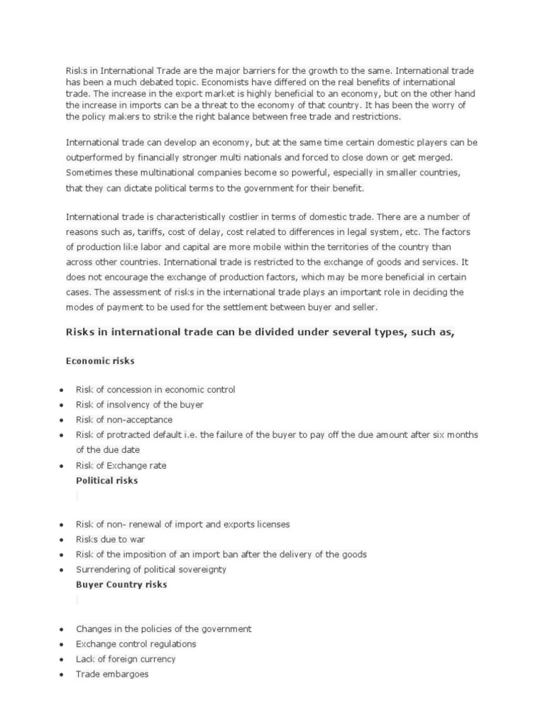 Types of Risks in International Trade | PDF | Risk | Trade
