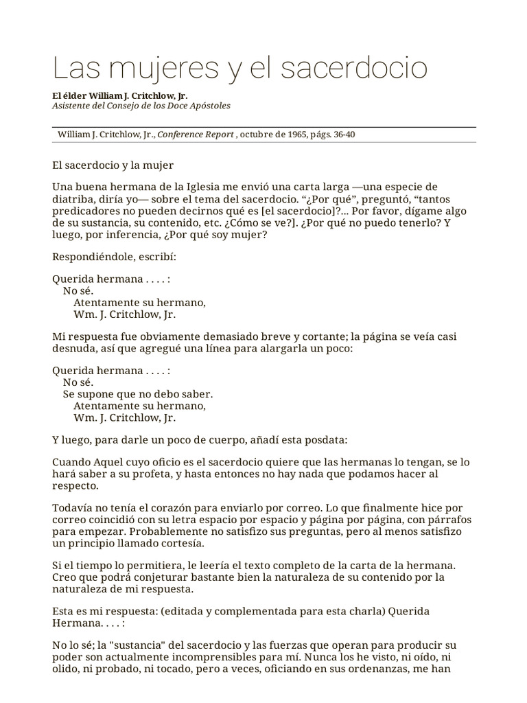 Las Mujeres y El Sacerdocio | PDF | Sacerdote | Amor