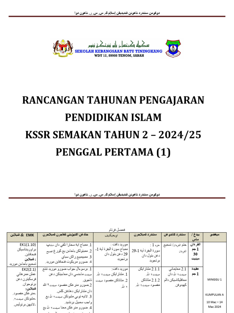 RPT 2024 Pendidikan Islam Tahun 2 KSSR Semakan Sumberpendidikan | PDF