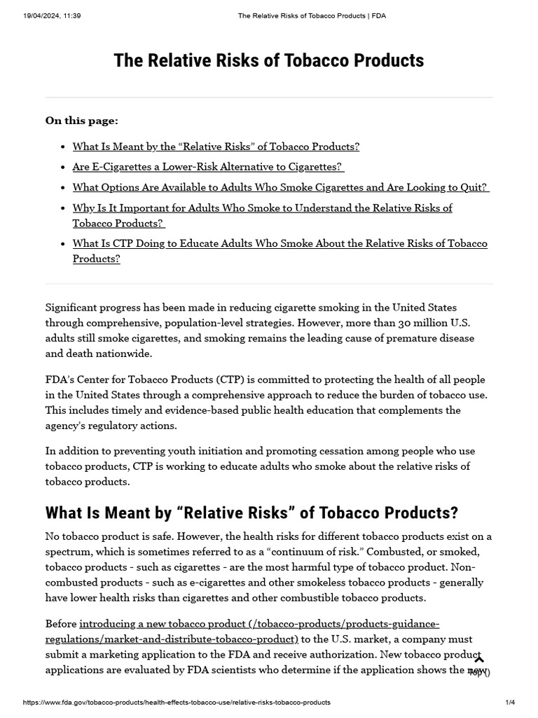 The Relative Risks of Tobacco Products - FDA | PDF | Electronic ...