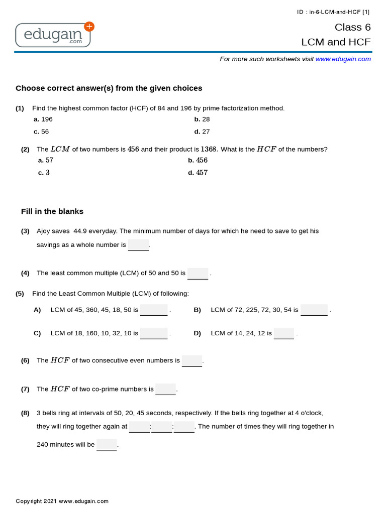 Grade 6 LCM and HCF in | Download Free PDF | Ring (Mathematics ...