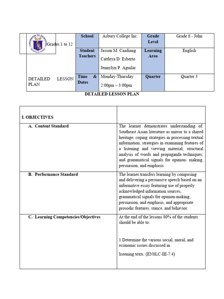 Grade 8 English Lesson Plan on Issues | PDF | Cost Of Living | Learning