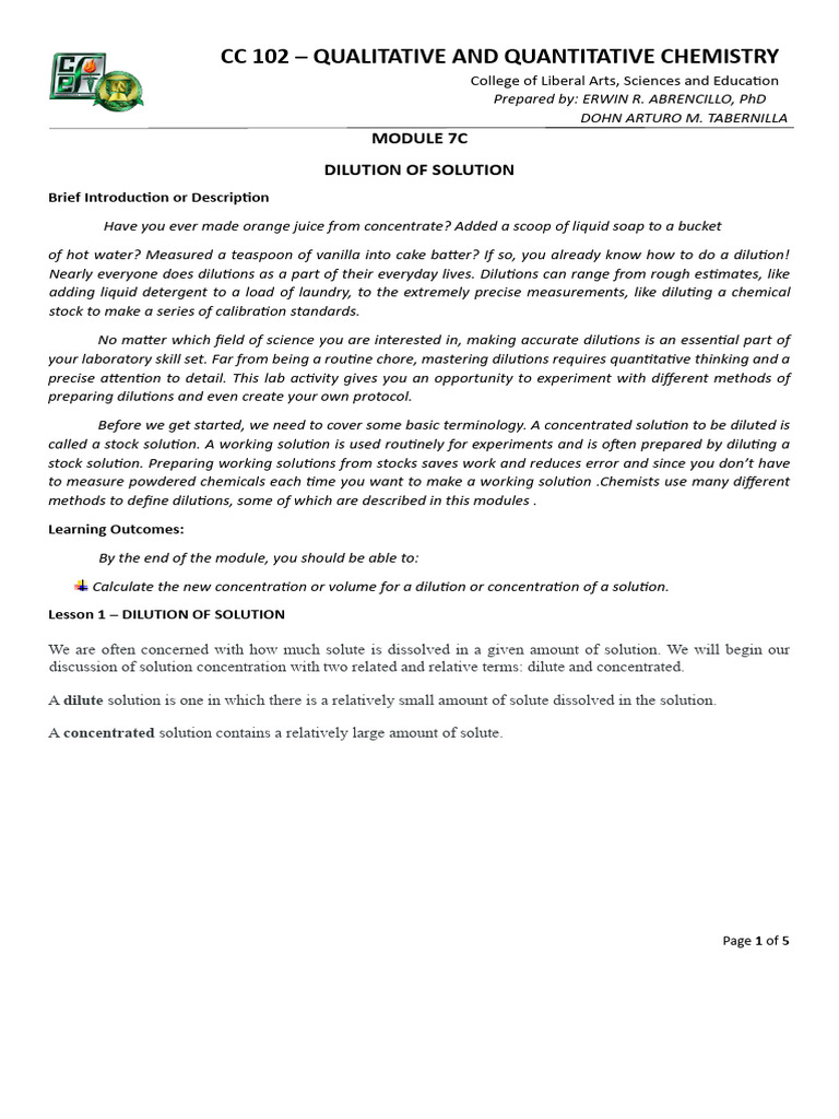0zk3upk1l - CC 102 Module 7C Solution Dilution of Solution 1 | PDF ...