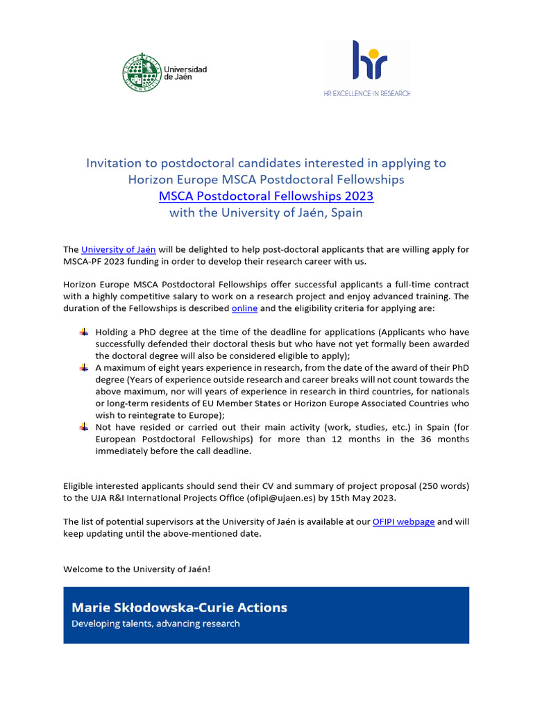 MSCA Postdoctoral Fellowships at UJA | PDF