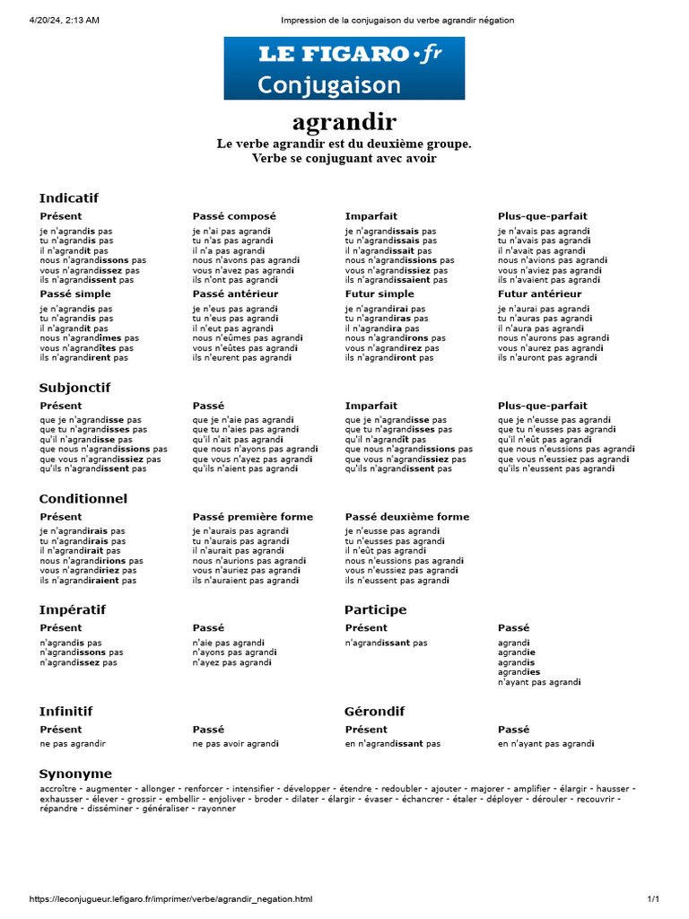 Impression de La Conjugaison Du Verbe Agrandir Négation | PDF ...