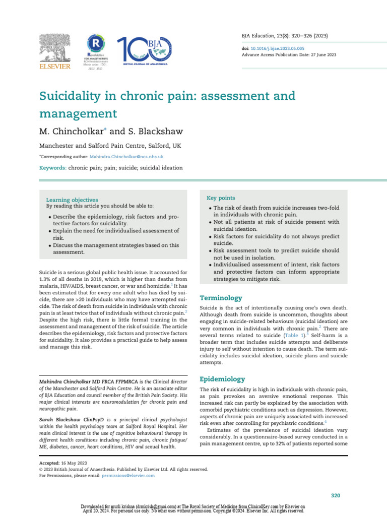 Suicidality in Chronic Pain - Assessment and Management | PDF | Suicide ...