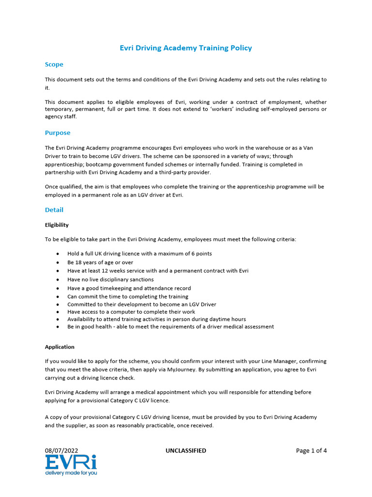Evri Driving Academy Training Policy | PDF | Driver's License | Employment