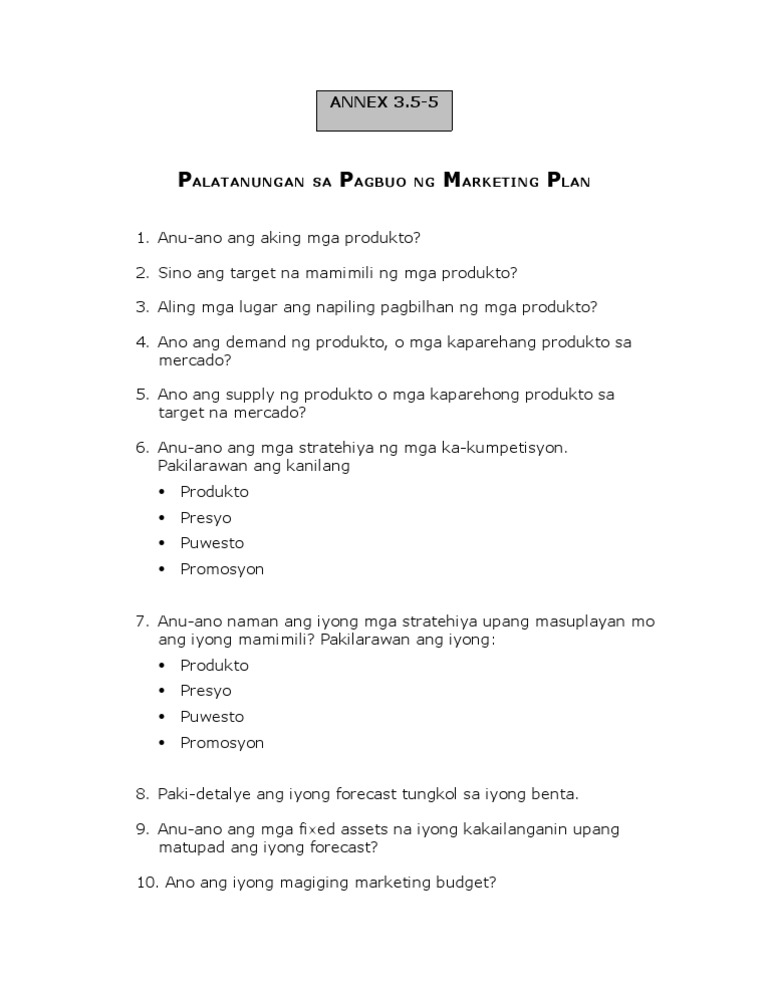 Mga Palatanungan Sa Pagbuo NG Marketing Plan | PDF