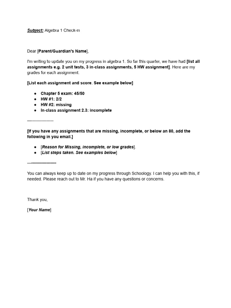 Algebra 1 Progress Update Email | PDF | Career & Growth