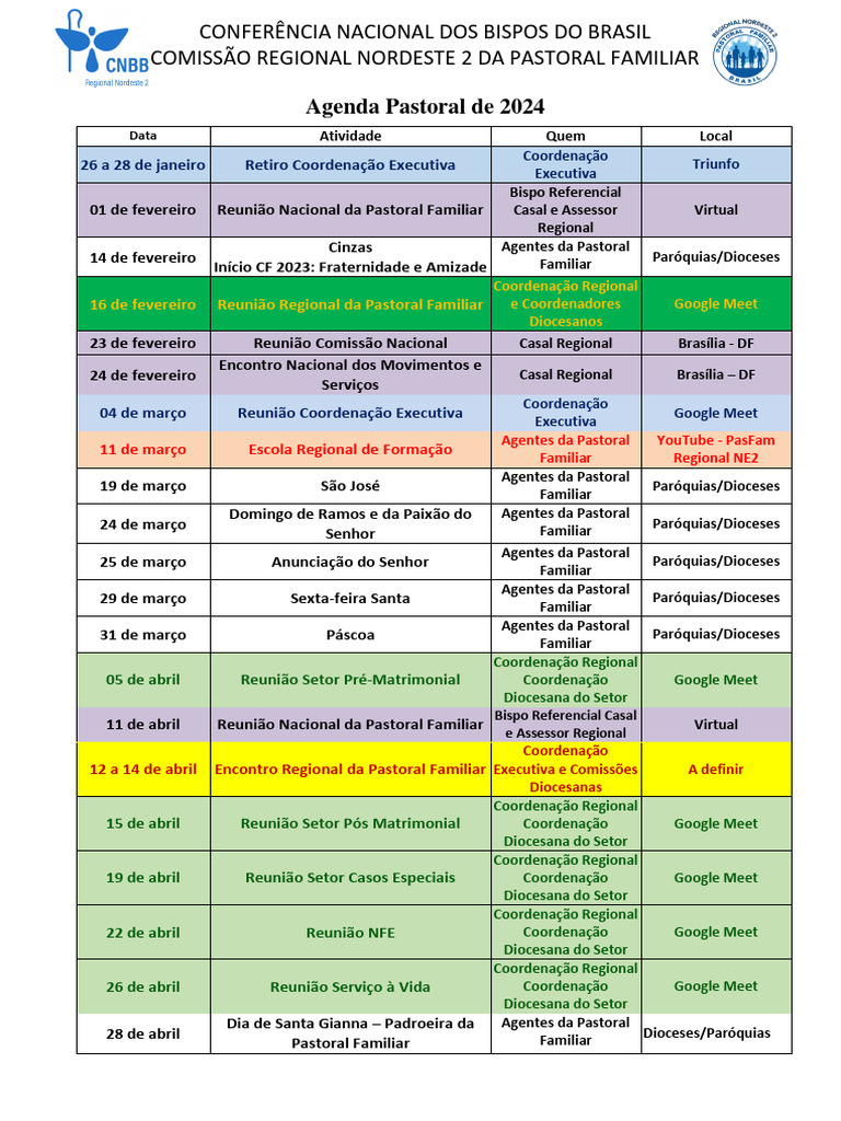 Agenda 2024 da Pastoral Familiar NE2 | PDF | Diocese