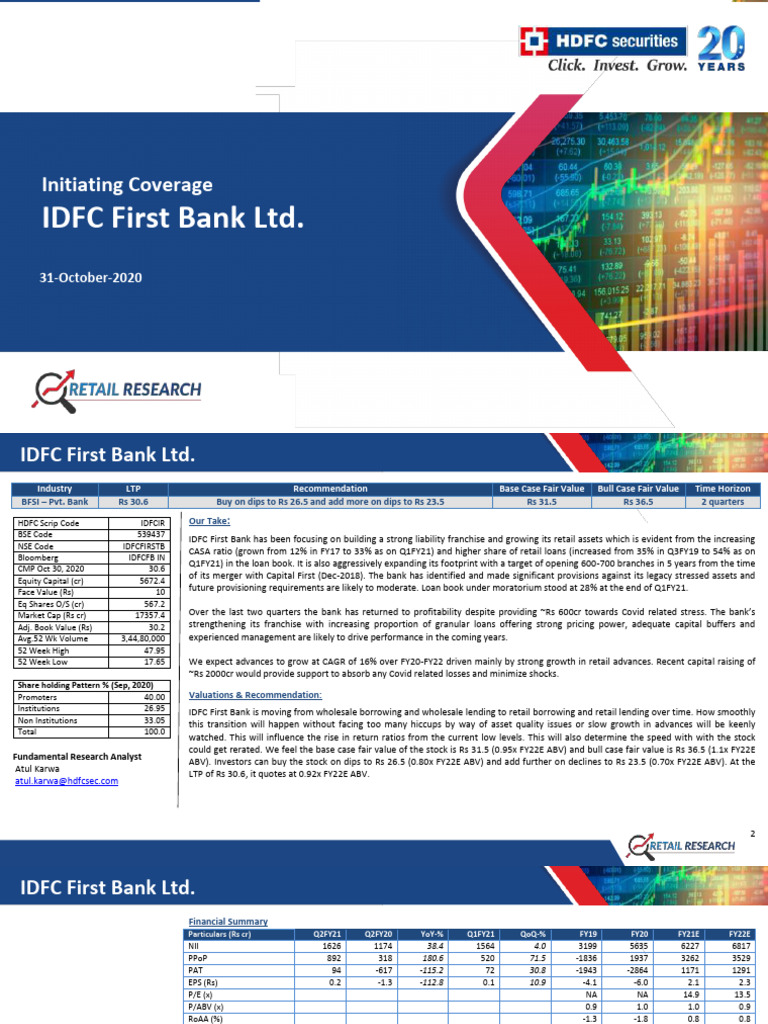 IDFC First Bank Investment Analysis | PDF | Banks | Securities (Finance)