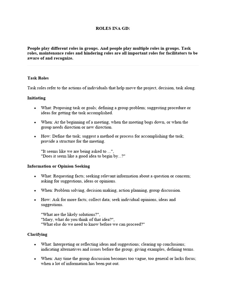 Group Discussion Roles Explained | PDF | Information | Consensus ...
