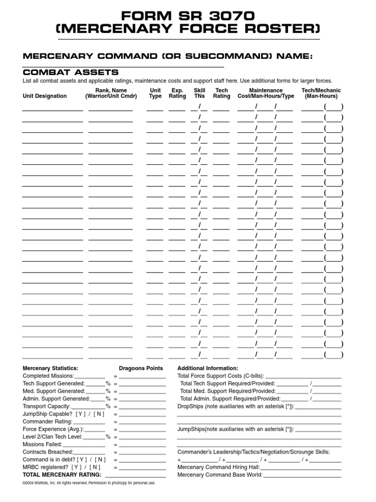 Battletech - Mercenary Force Creation Worksheet 4-8 (Unofficial) | PDF ...