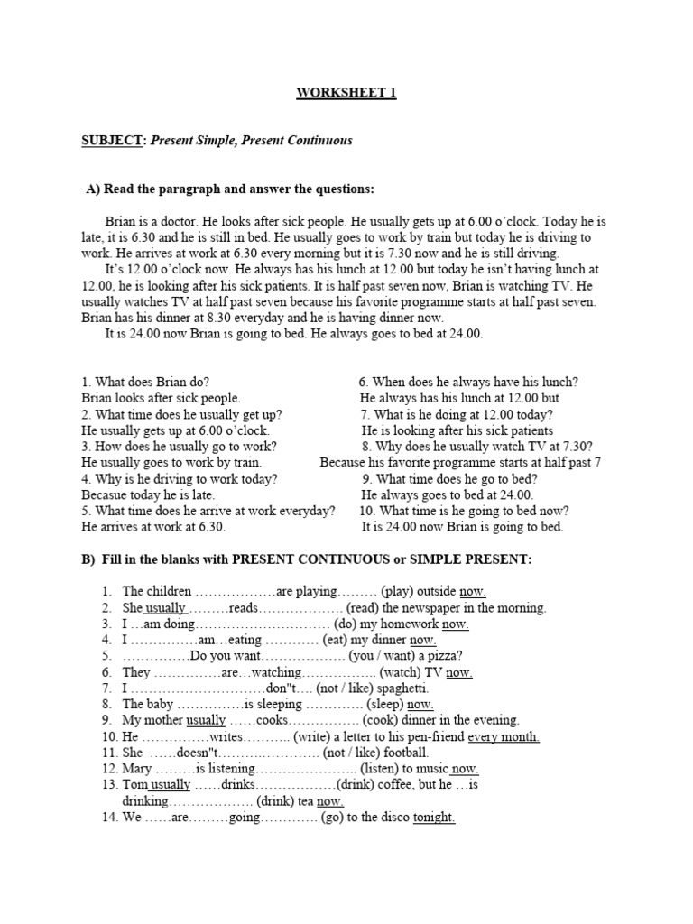 Present Simple and Continuous Worksheet | PDF