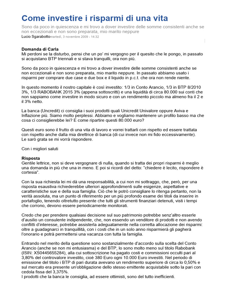 Come Investire I Risparmi Di Una Vita | PDF