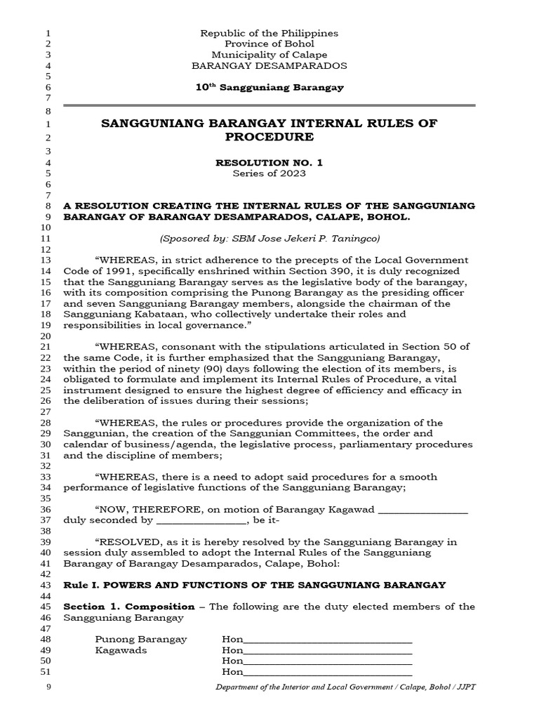 Sangguniang Barangay Internal Rules Of P Pdf Committee Quorum