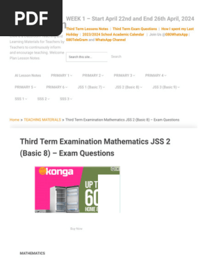Third Term Examination Mathematics JSS 2 (Basic 8) - Exam Questions - ClassRoomNotes