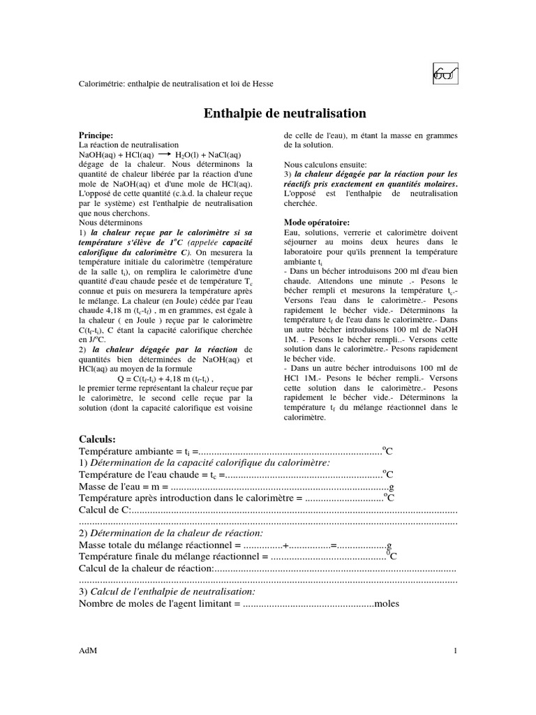 Enthalpie de Neutralisation et Hesse | PDF | Calorimétrie | Enthalpie