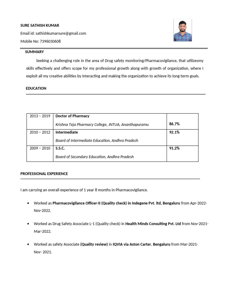 Pharmacy Resume Template Download Free PDF Pharmacovigilance Pharmacy