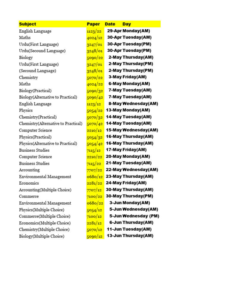 Caie schedule 2024 pdf