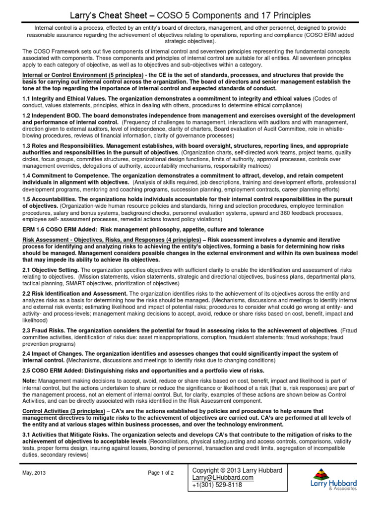 Larrys Cheat Sheet COSO Components 2013 | PDF | Internal Control | Risk