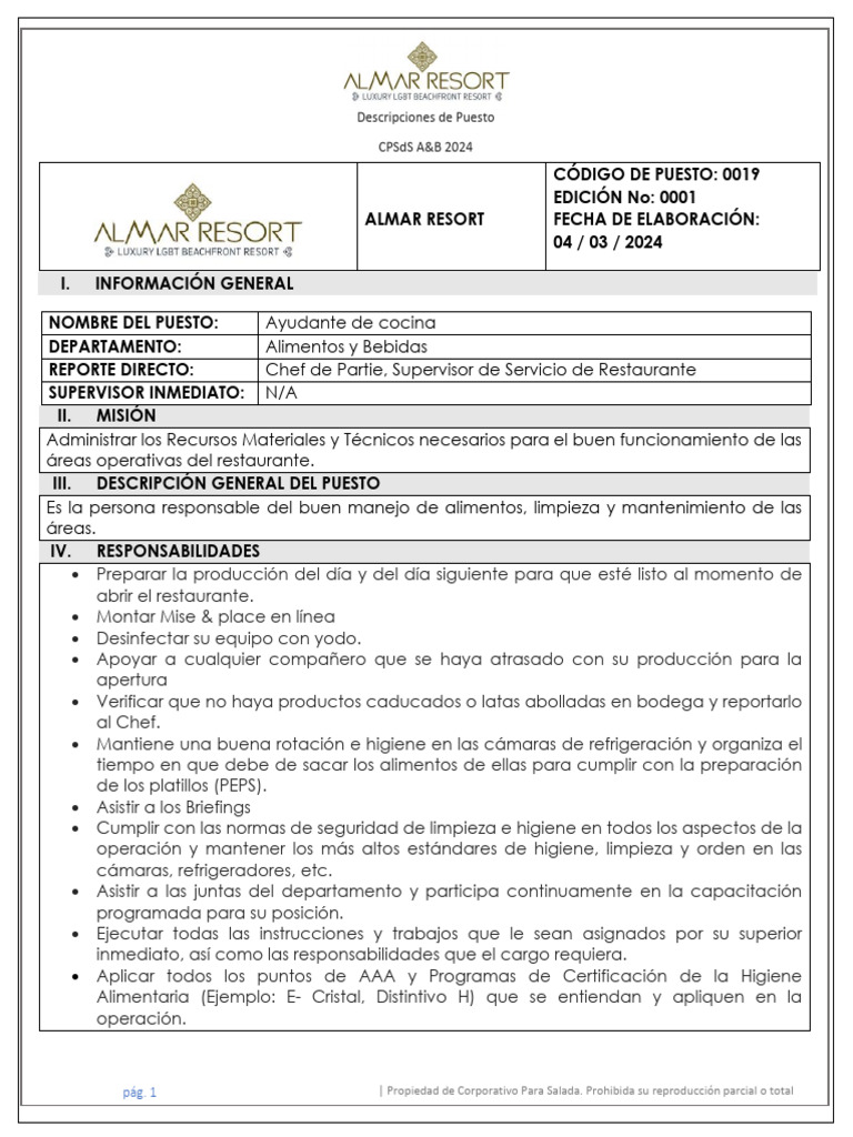 Descripción de Puesto Ayudante de Cocina | Descargar gratis PDF | Alimentos