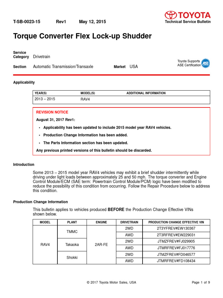 Torque Converter Flex Lockup Shudder Toyota Rav4 2013 2015 RAV4