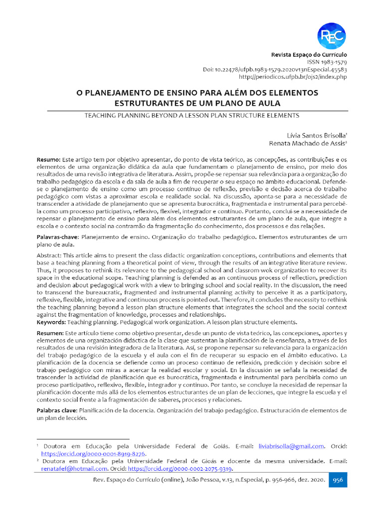 O Planejamento de Ensino para Além Dos Elementos Estruturante de Um ...