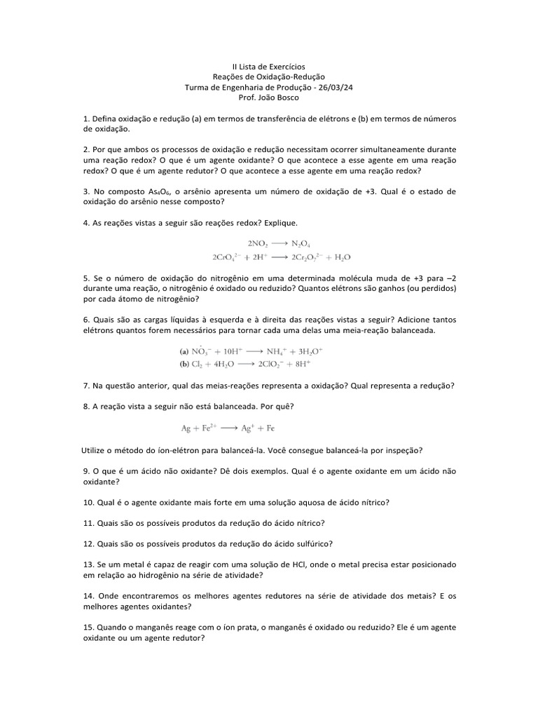 Exercícios sobre Reações Redox e Oxidação | PDF | Reações químicas | Redox