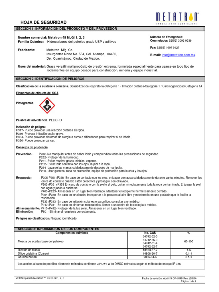 MSDS Metatron 45 NLGI | Descargar gratis PDF | Petróleo | Dióxido de ...