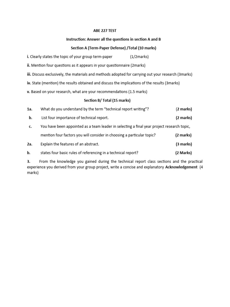 ABE 227 Test: Term-Paper & Report Writing | PDF