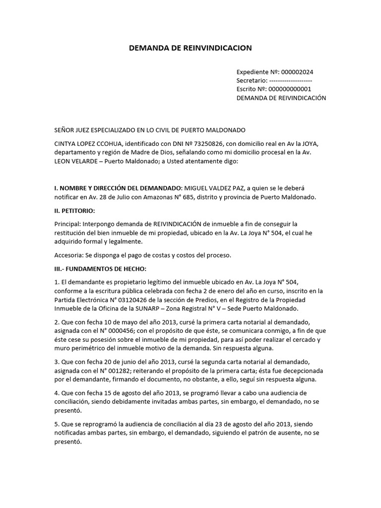 Demanda de Reivindicación Inmobiliaria | PDF | Propiedad | Demanda judicial