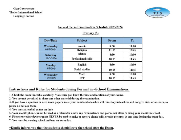 Primary 5 Exam Schedule 2024 | PDF