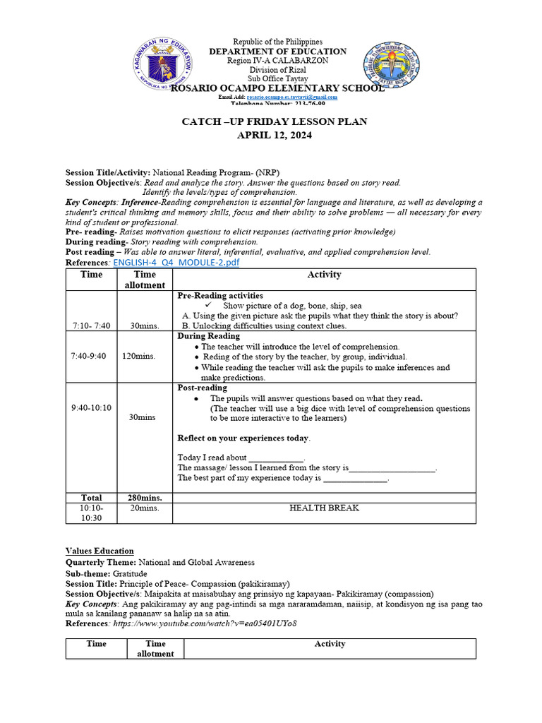 Comprehensive Friday Lesson Plan | PDF | Reading Comprehension | Learning