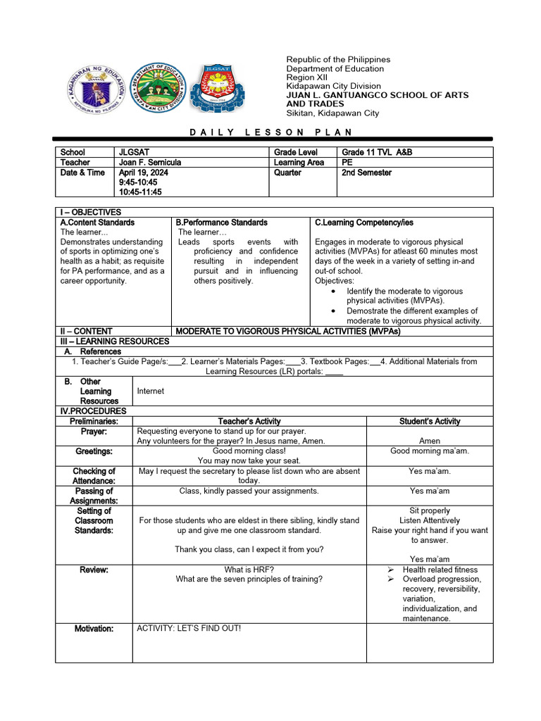 Grade 11 PE Lesson Plan on MVPAs | PDF | Physical Fitness