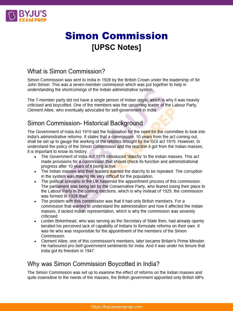 Overview of the Simon Commission 1928 | PDF | British India | Politics ...