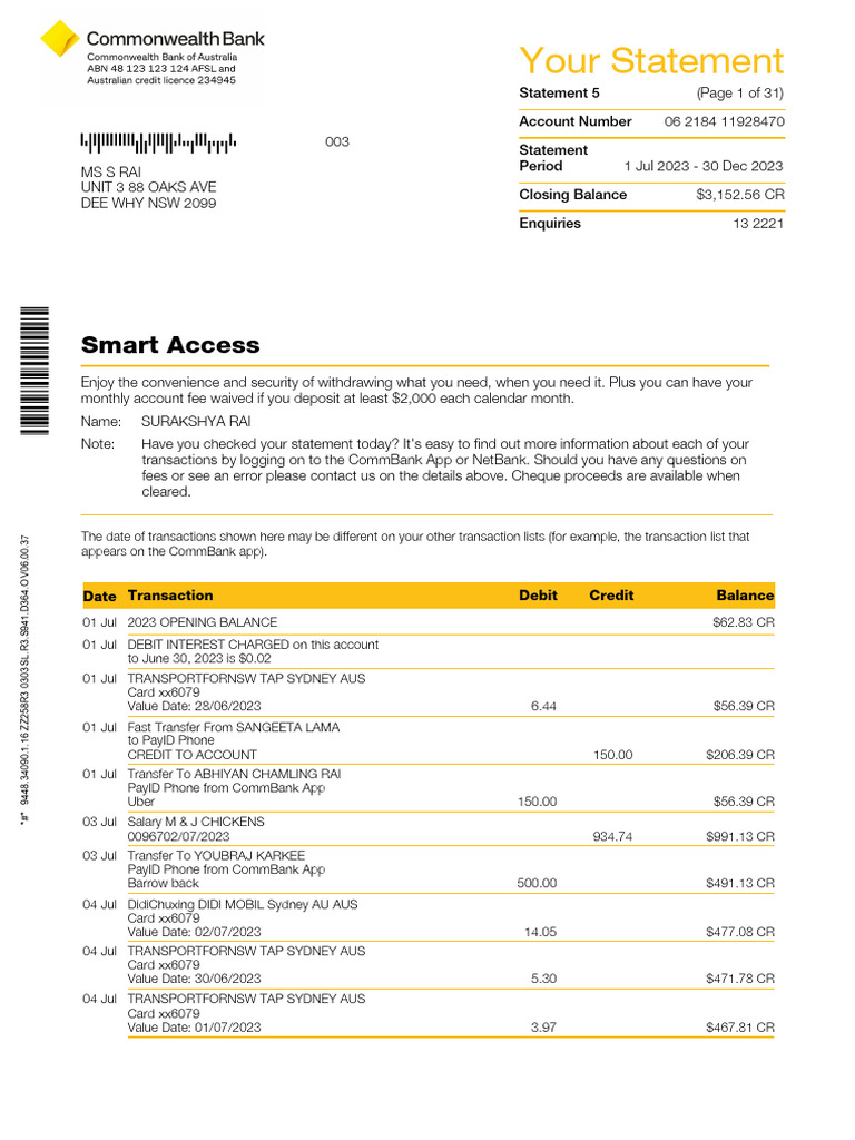 CommBank Statement Overview | PDF | Debits And Credits | Credit Card