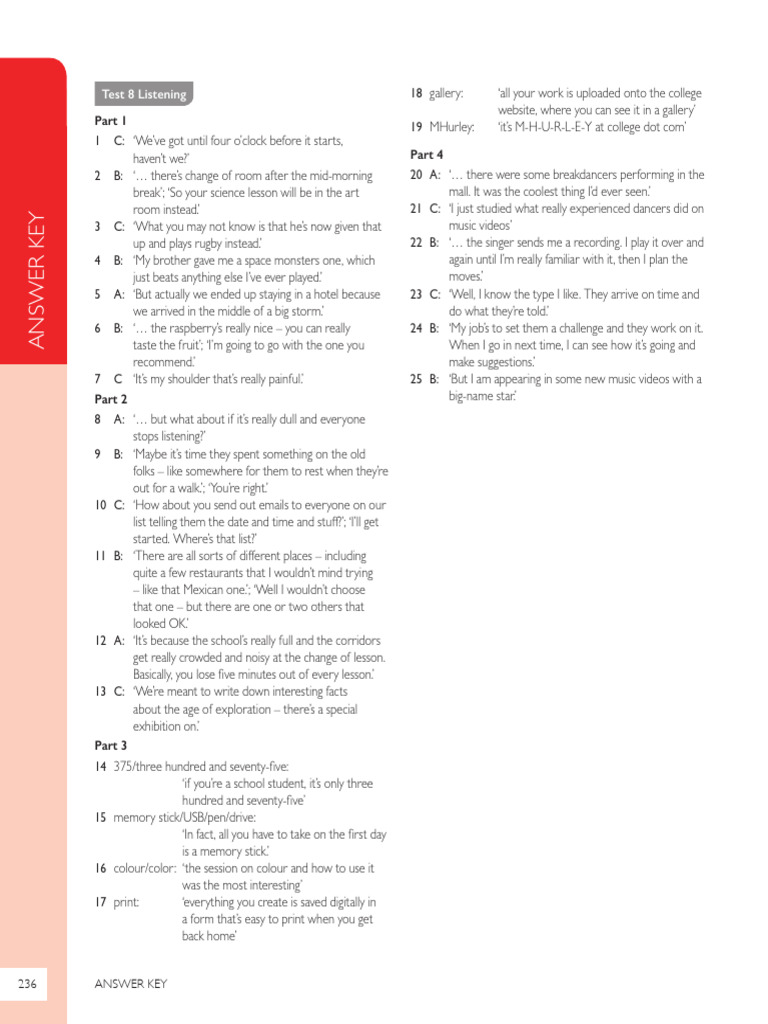 PET Listening Test Answer Key | PDF