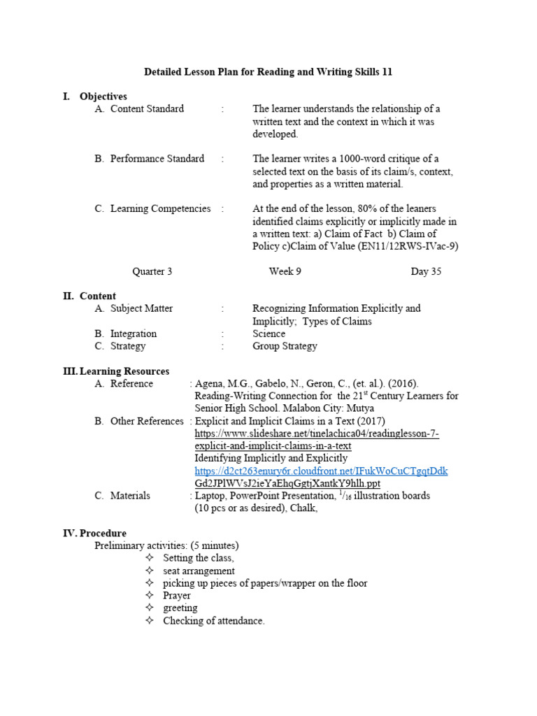 Grade 11 Reading and Writing Lesson Plan | PDF | Inference | Learning