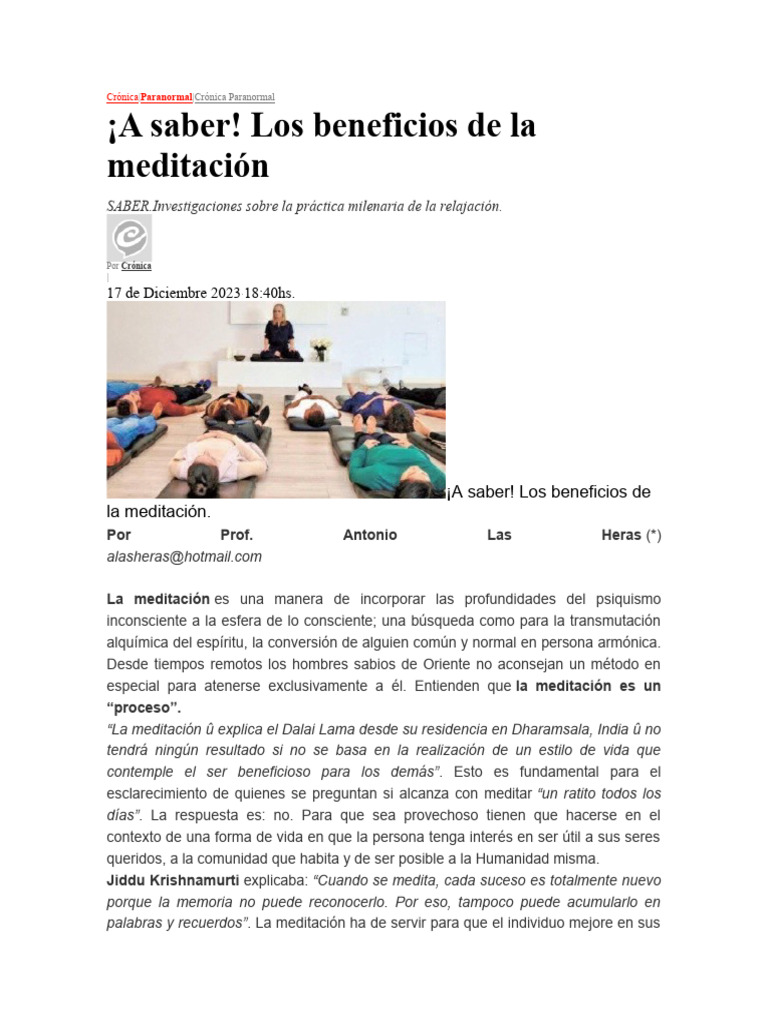 Beneficios de la Meditación Diaria | PDF | Meditación | Estrés (biología)